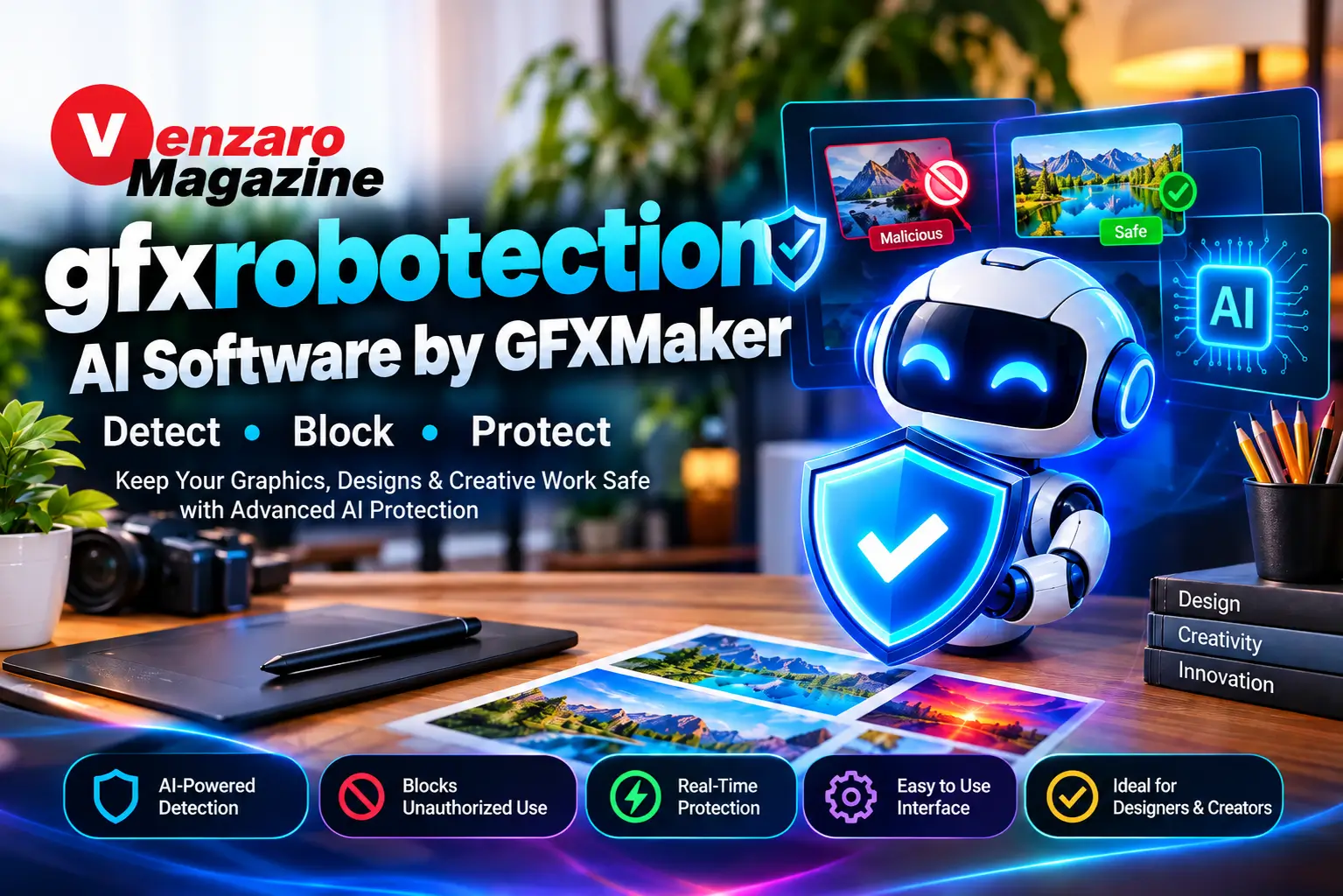GFXRobotection AI software by GFXMaker concept illustrating AI graphics, digital asset management, and artwork protection.