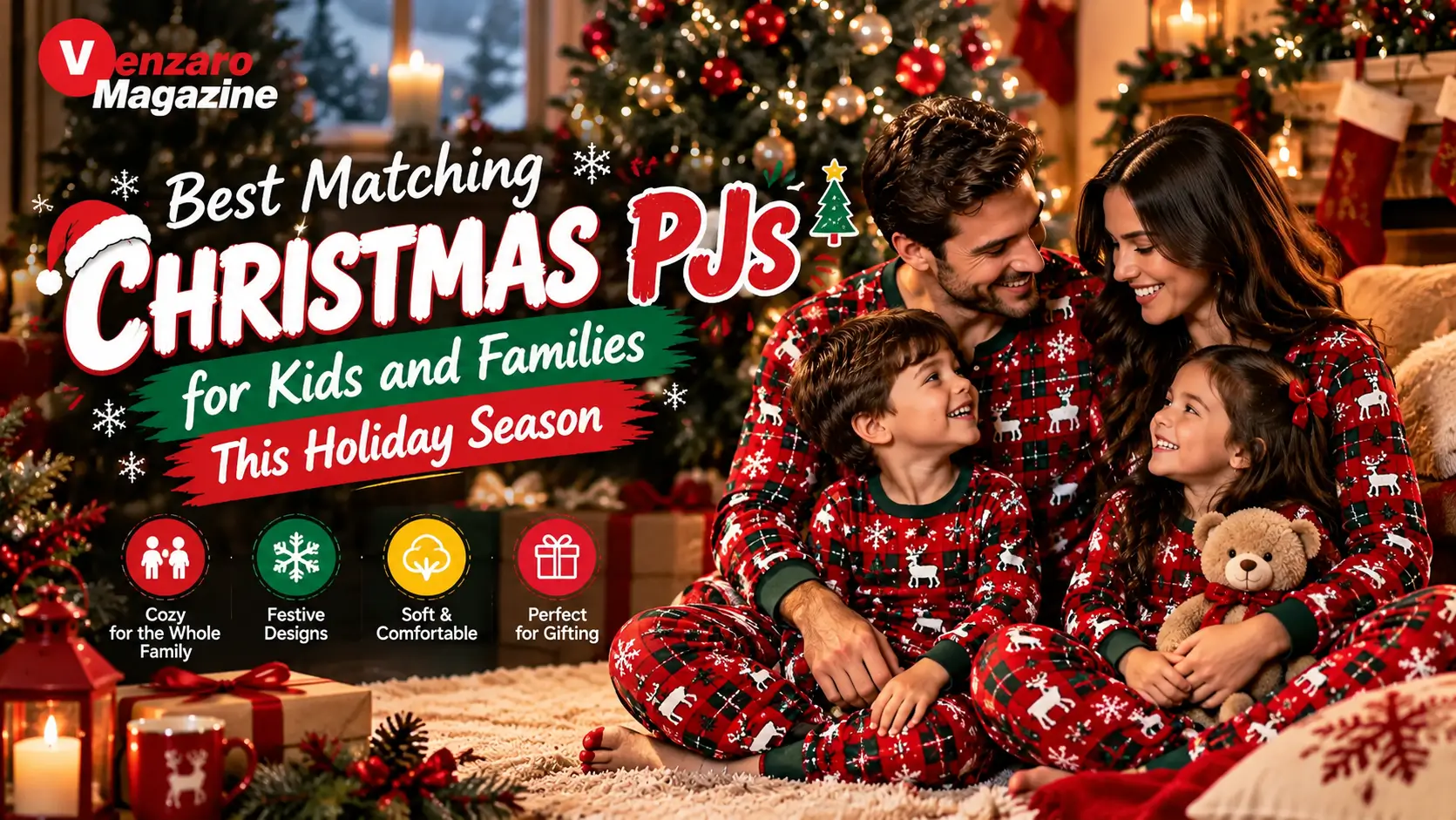 Family wearing matching Christmas pyjamas in festive red and green patterns beside a decorated Christmas tree.