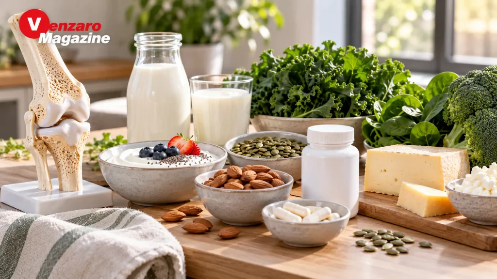 Calcium-rich foods and nutritional supplements illustrating ingredients discussed in the Osteopur guide