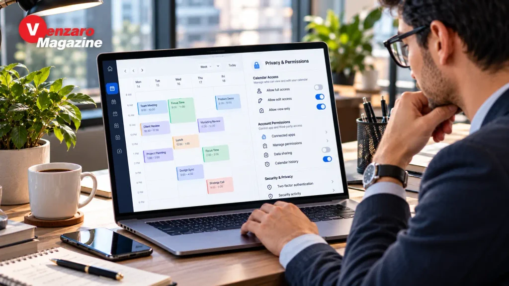 Calendar privacy settings and account permissions illustrating security considerations for Schedow