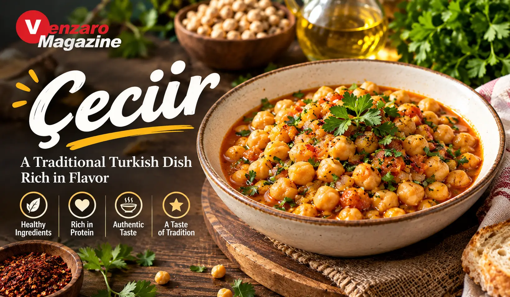 Çeciir-inspired chickpea stew with tomatoes, herbs, and traditional serving bread.