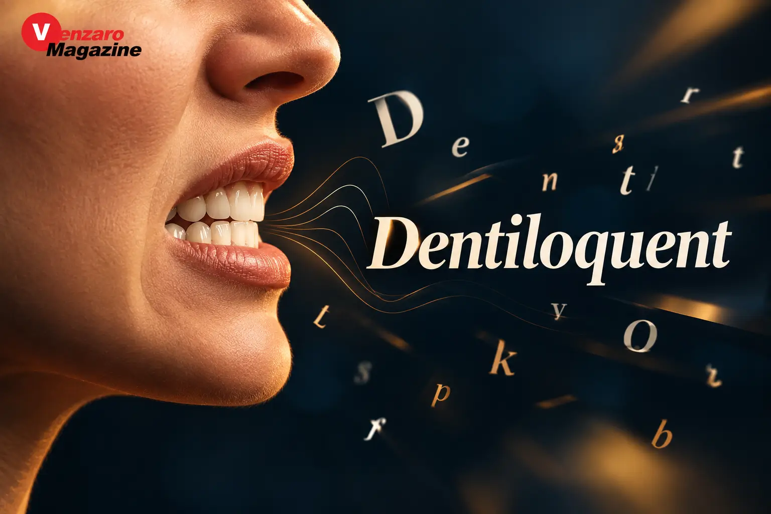 Dentiloquent meaning illustrated with a person speaking through clenched teeth.