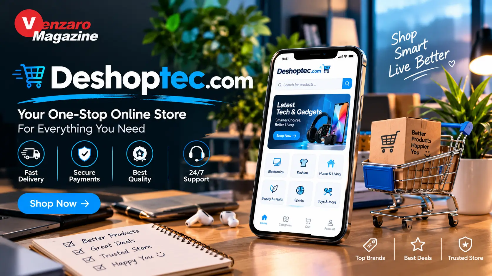 Deshoptec com website displayed on a laptop showing technology articles and digital information