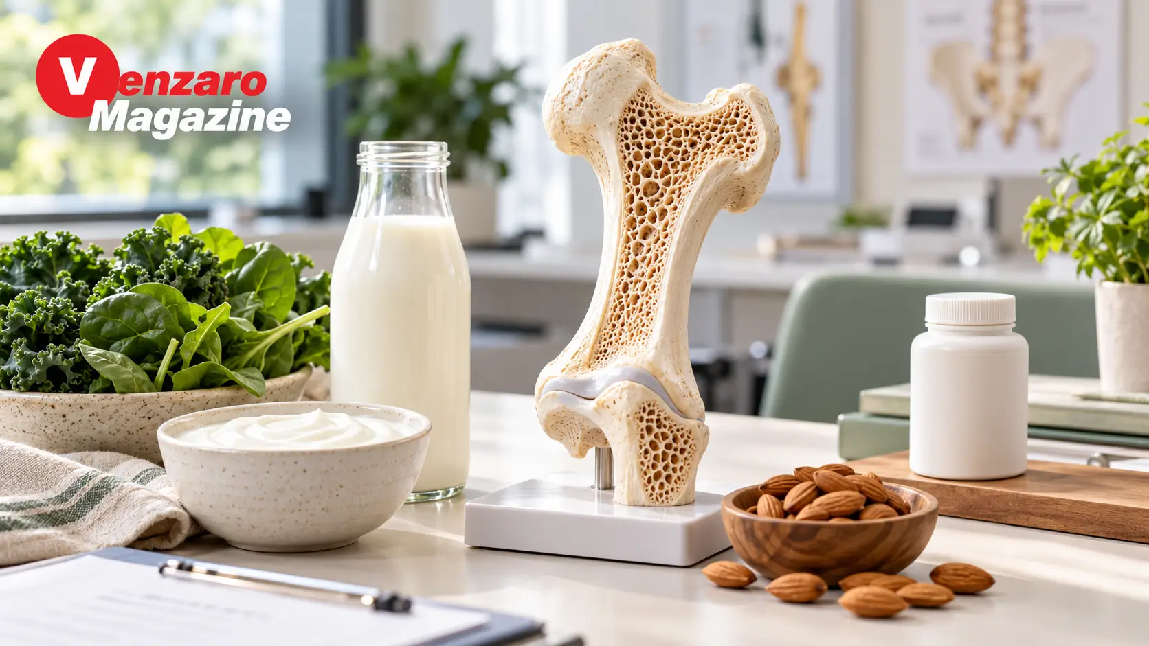 Osteopur bone health supplement concept with calcium-rich foods, vitamin D sources and a model of human bone structure.