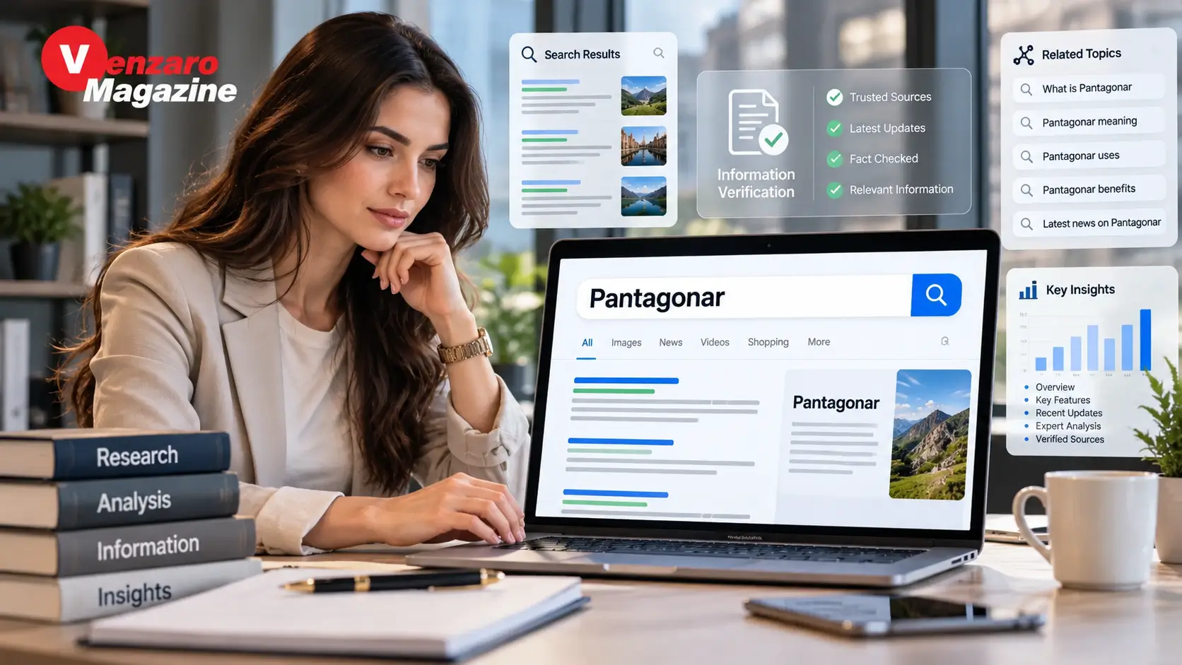 Pantagonar meaning and online claims illustrated through a modern digital research and fact-checking concept.