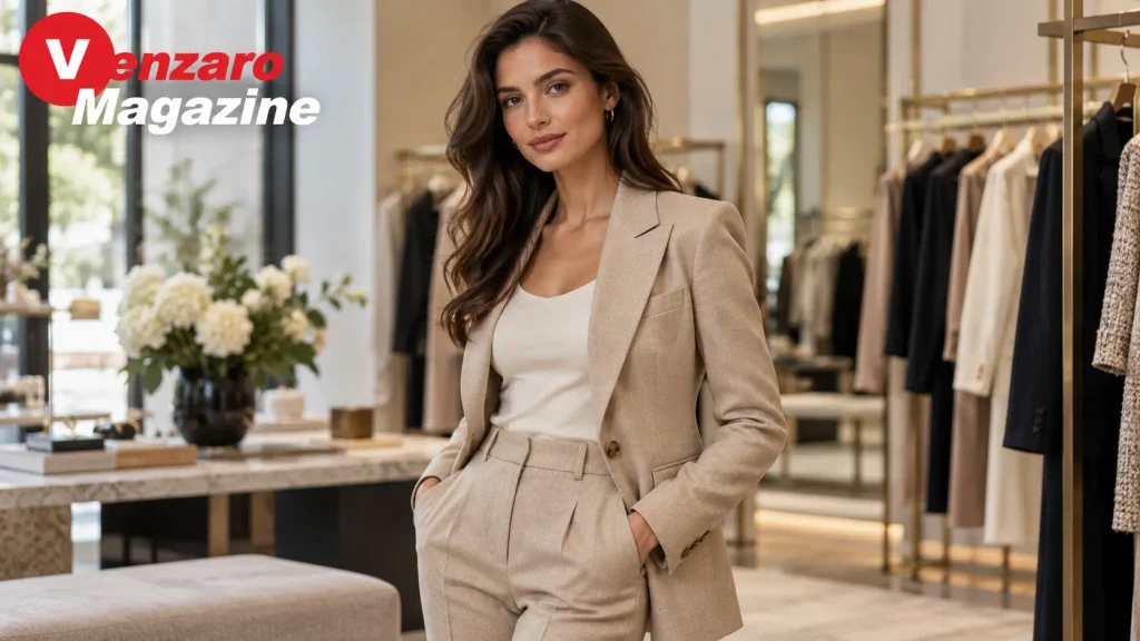 Properly fitted beige Blazertje showing shoulder alignment, sleeve length and tailored fit