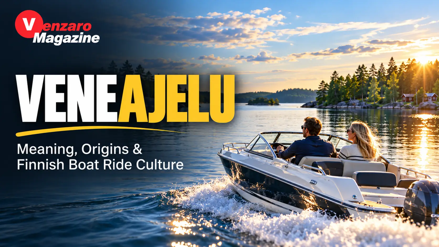 Veneajelu boat ride on a scenic Finnish lake surrounded by forested islands