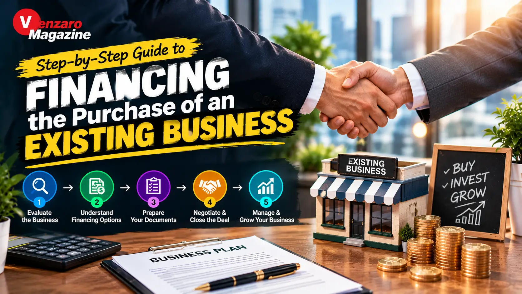 Step-by-step guide to financing the purchase of an existing business, showing business acquisition planning and financial documents.