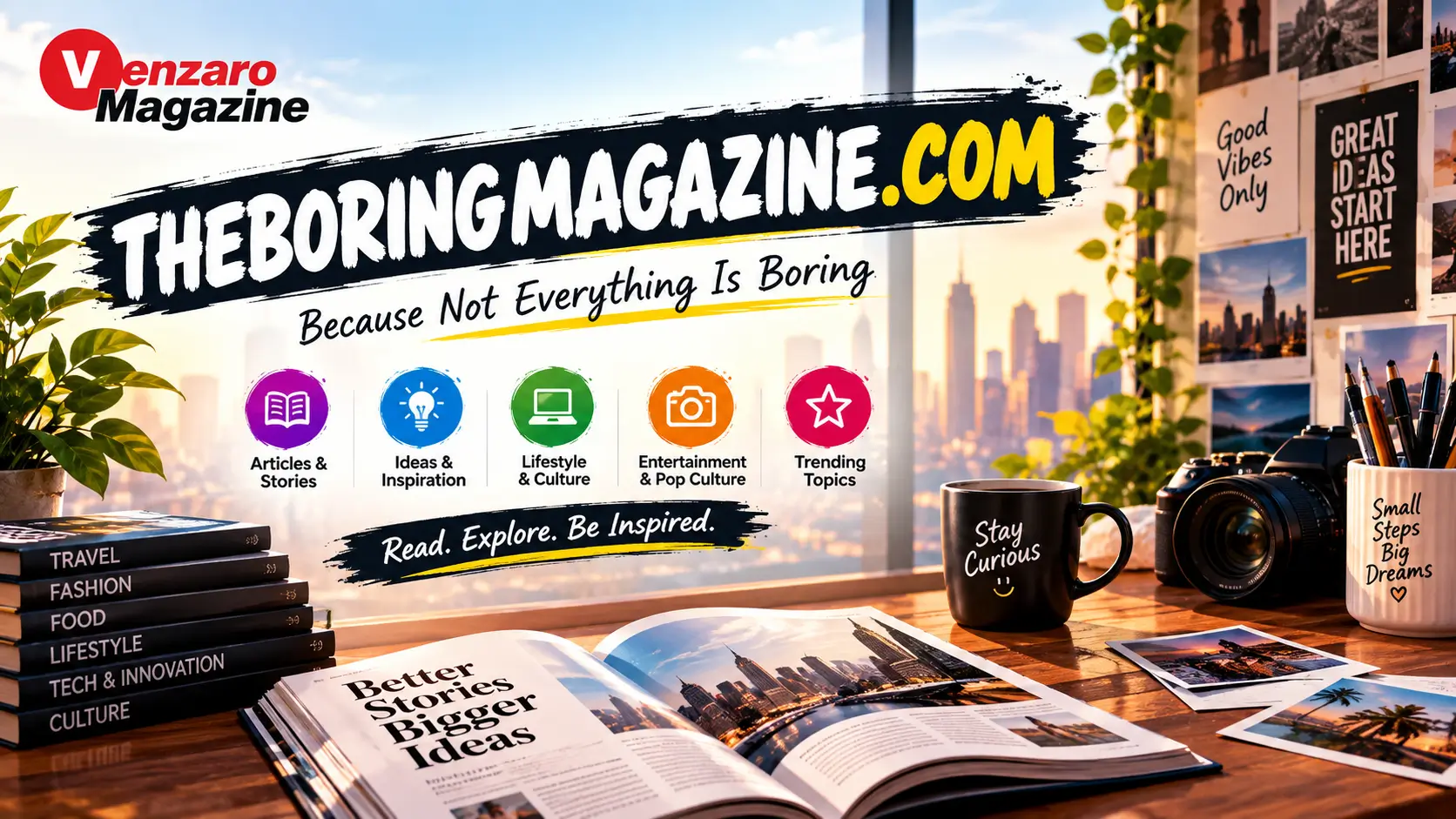 TheBoringMagazine.com website guide covering entertainment, celebrity biographies, and technology content.